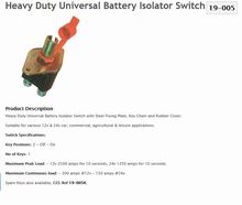 Durite Battery isolator with removable handle. Rated 250 amps at 24 volts and 2150 amps for 5 seconds. M10 Terminals. Requires 24mm hole. Protected to IP54. 0-605-52